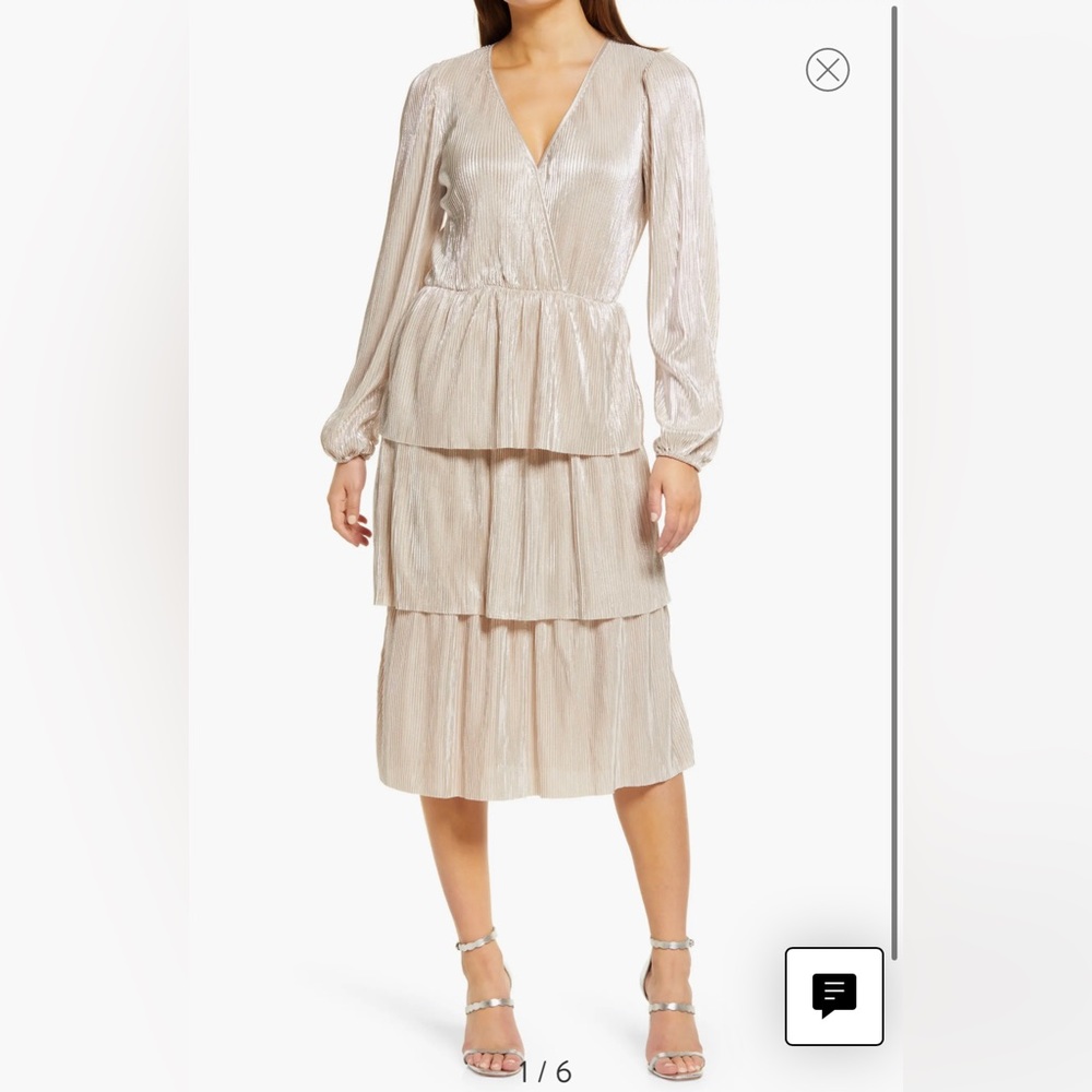 Metallic Long Sleeve Tiered Midi Dress NWT